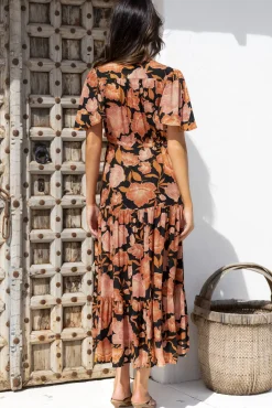 Ziggy Maxi Dress - Cap Sleeve Tiered Dress with Pull Tie Waist in Yasmin Print Black><noscript><img width=