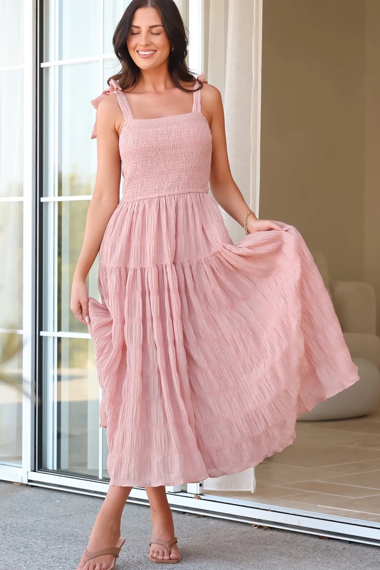 Zoella Midi Dress - Tie Strap Textured Tiered Dress in Blush>Salty Crush Sale