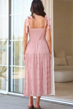 Zoella Midi Dress - Tie Strap Textured Tiered Dress in Blush><noscript><img width=