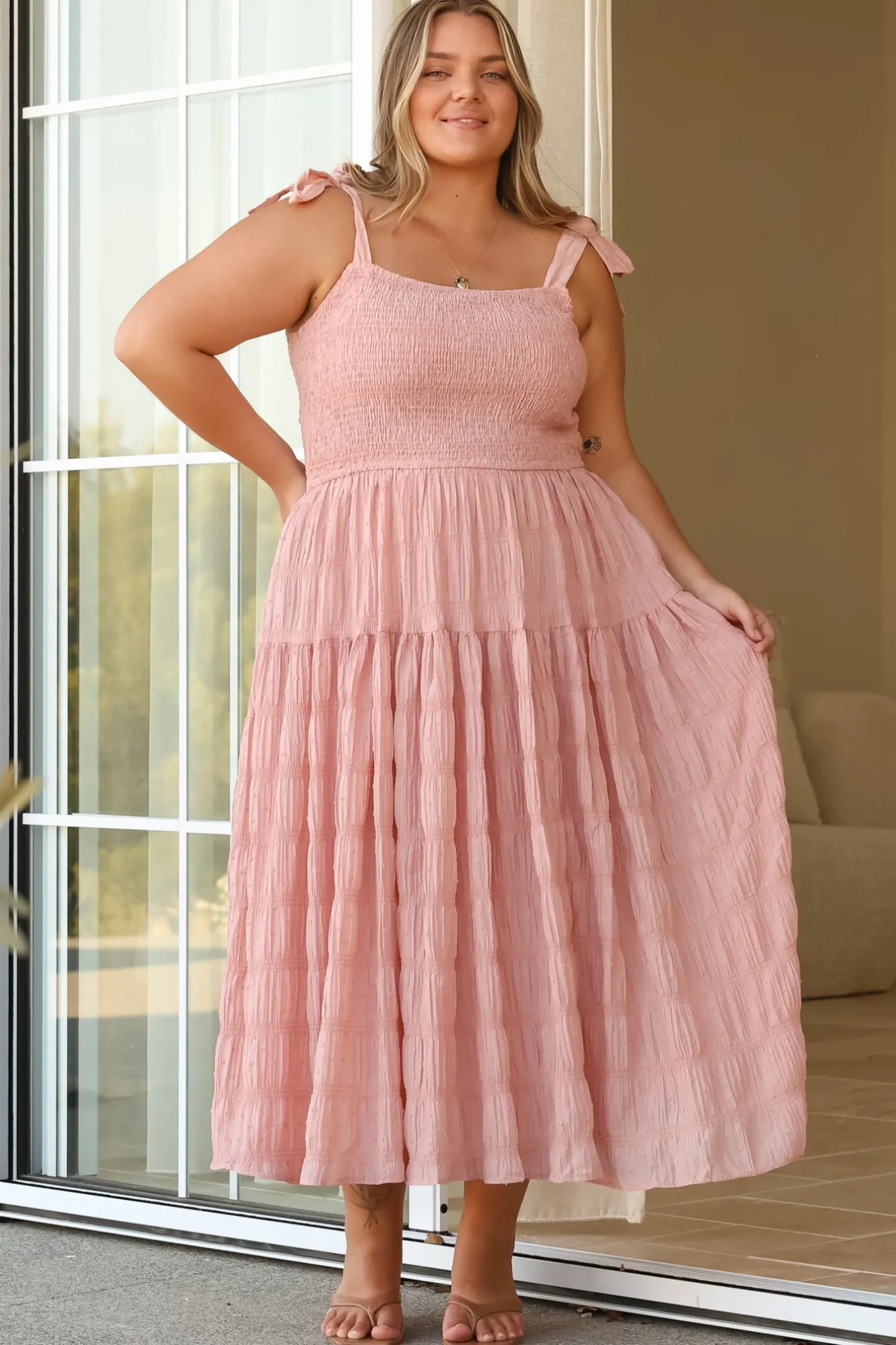 Zoella Midi Dress - Tie Strap Textured Tiered Dress in Blush>Salty Crush Sale