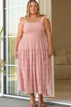 Zoella Midi Dress - Tie Strap Textured Tiered Dress in Blush><noscript><img width=