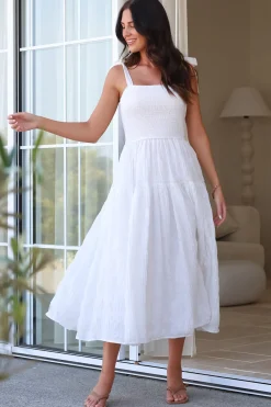Zoella Midi Dress - Tie Strap Textured Tiered Dress in White>Salty Crush Outlet