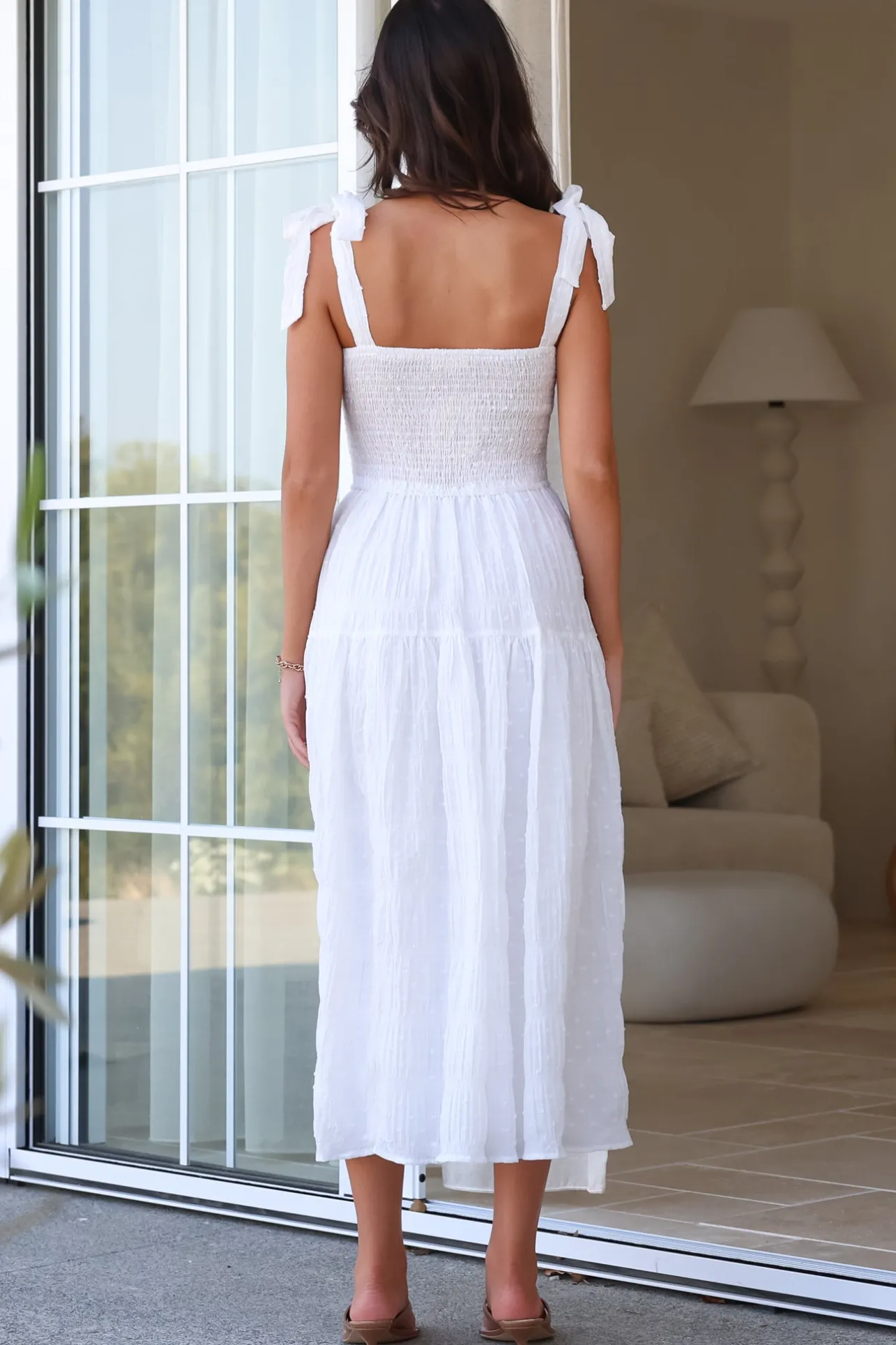 Zoella Midi Dress - Tie Strap Textured Tiered Dress in White>Salty Crush Outlet