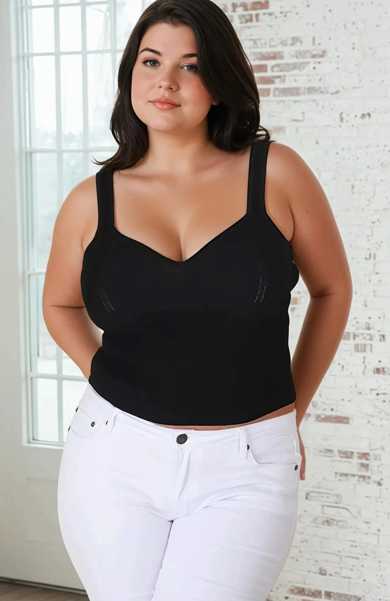 Zoey Ribbed Top - Sweetheart Neckline Ribbed Top in Black>Salty Crush Hot